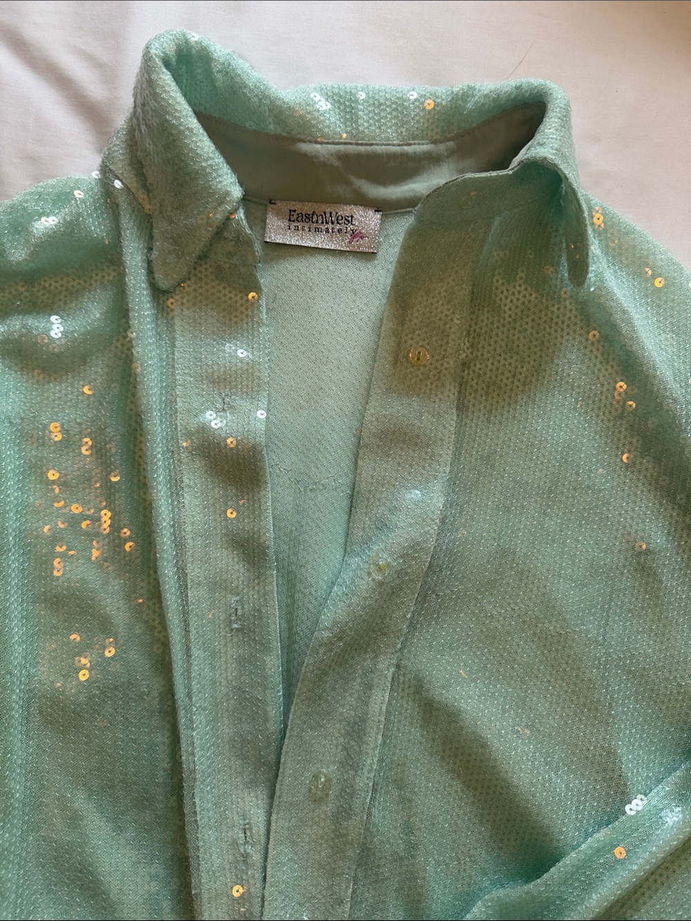 Free People Mint Green oversized Sequin Button-Down Shirt - Picture 2 of 4